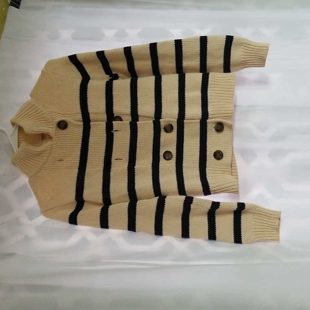 Lands End Canvas double breasted cotton cardigan.  XXS, navy blue and off white